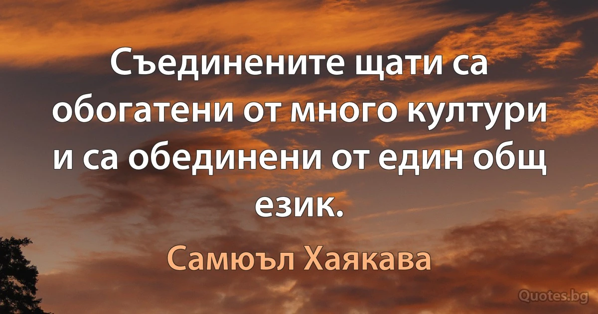 Съединените щати са обогатени от много култури и са обединени от един общ език. (Самюъл Хаякава)