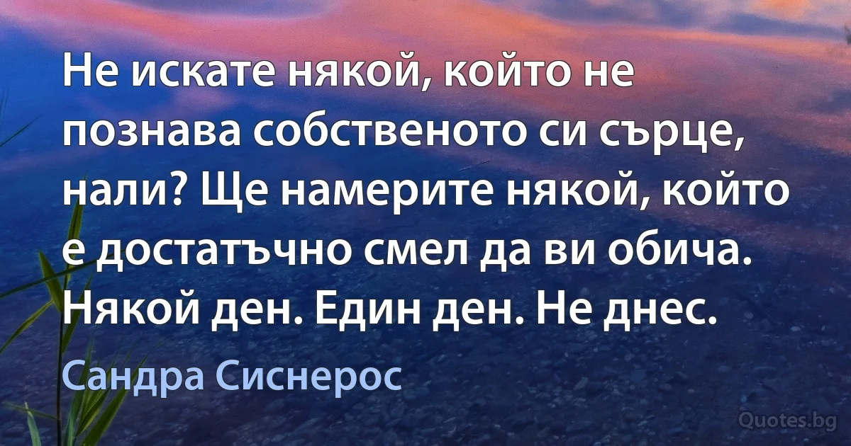 Не искате някой, който не познава собственото си сърце, нали? Ще намерите някой, който е достатъчно смел да ви обича. Някой ден. Един ден. Не днес. (Сандра Сиснерос)