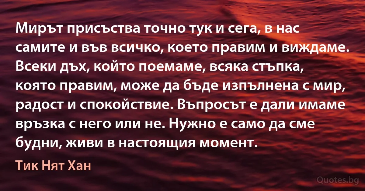 Мирът присъства точно тук и сега, в нас самите и във всичко, което правим и виждаме. Всеки дъх, който поемаме, всяка стъпка, която правим, може да бъде изпълнена с мир, радост и спокойствие. Въпросът е дали имаме връзка с него или не. Нужно е само да сме будни, живи в настоящия момент. (Тик Нят Хан)