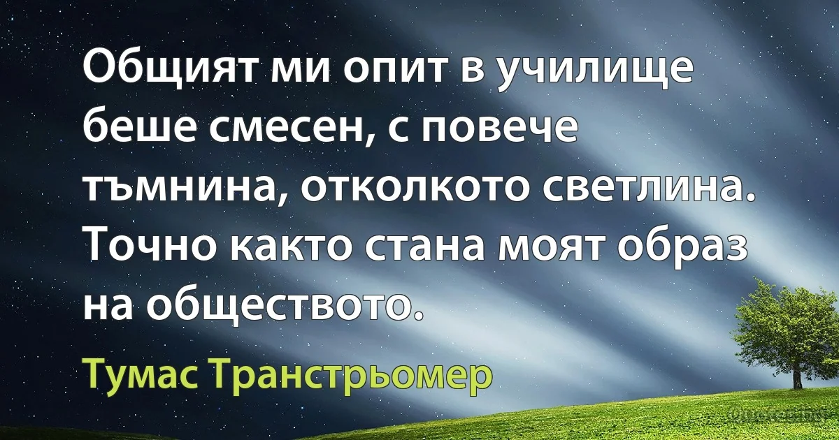 Общият ми опит в училище беше смесен, с повече тъмнина, отколкото светлина. Точно както стана моят образ на обществото. (Тумас Транстрьомер)