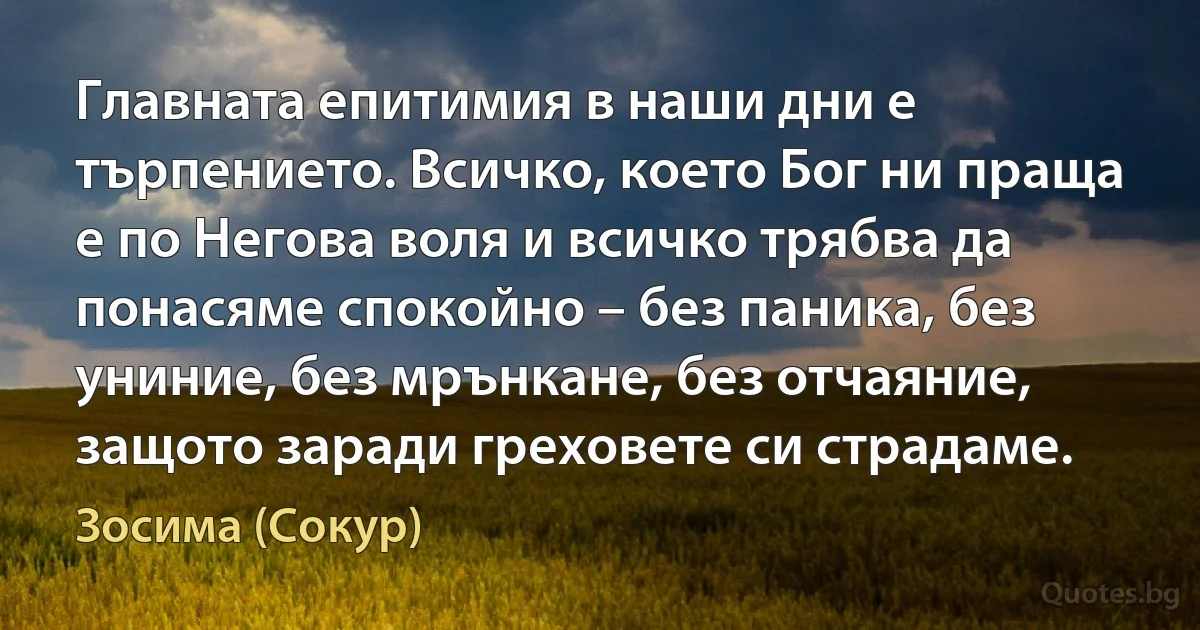 Главната епитимия в наши дни е търпението. Всичко, което Бог ни праща е по Негова воля и всичко трябва да понасяме спокойно – без паника, без униние, без мрънкане, без отчаяние, защото заради греховете си страдаме. (Зосима (Сокур))