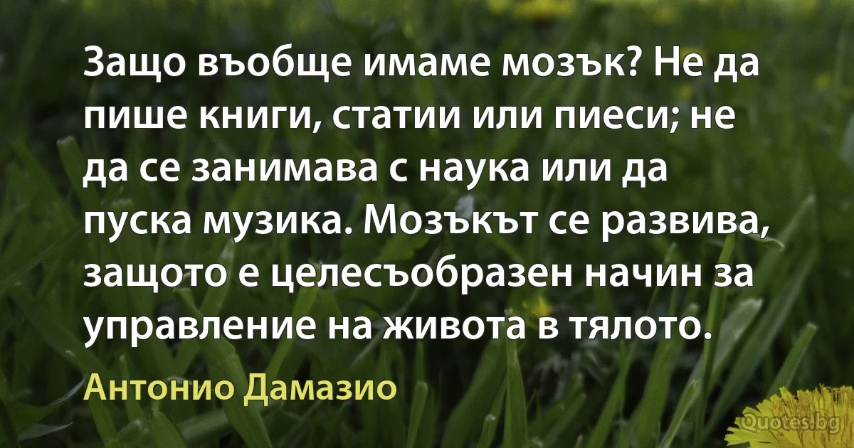 Защо въобще имаме мозък? Не да пише книги, статии или пиеси; не да се занимава с наука или да пуска музика. Мозъкът се развива, защото е целесъобразен начин за управление на живота в тялото. (Антонио Дамазио)