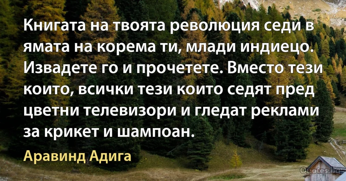 Книгата на твоята революция седи в ямата на корема ти, млади индиецо. Извадете го и прочетете. Вместо тези които, всички тези които седят пред цветни телевизори и гледат реклами за крикет и шампоан. (Аравинд Адига)