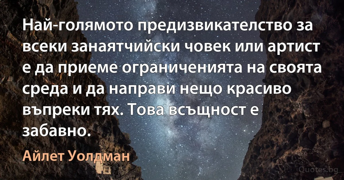 Най-голямото предизвикателство за всеки занаятчийски човек или артист е да приеме ограниченията на своята среда и да направи нещо красиво въпреки тях. Това всъщност е забавно. (Айлет Уолдман)