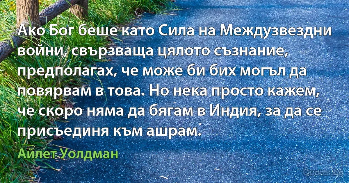 Ако Бог беше като Сила на Междузвездни войни, свързваща цялото съзнание, предполагах, че може би бих могъл да повярвам в това. Но нека просто кажем, че скоро няма да бягам в Индия, за да се присъединя към ашрам. (Айлет Уолдман)