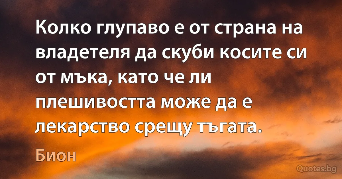 Колко глупаво е от страна на владетеля да скуби косите си от мъка, като че ли плешивостта може да е лекарство срещу тъгата. (Бион)