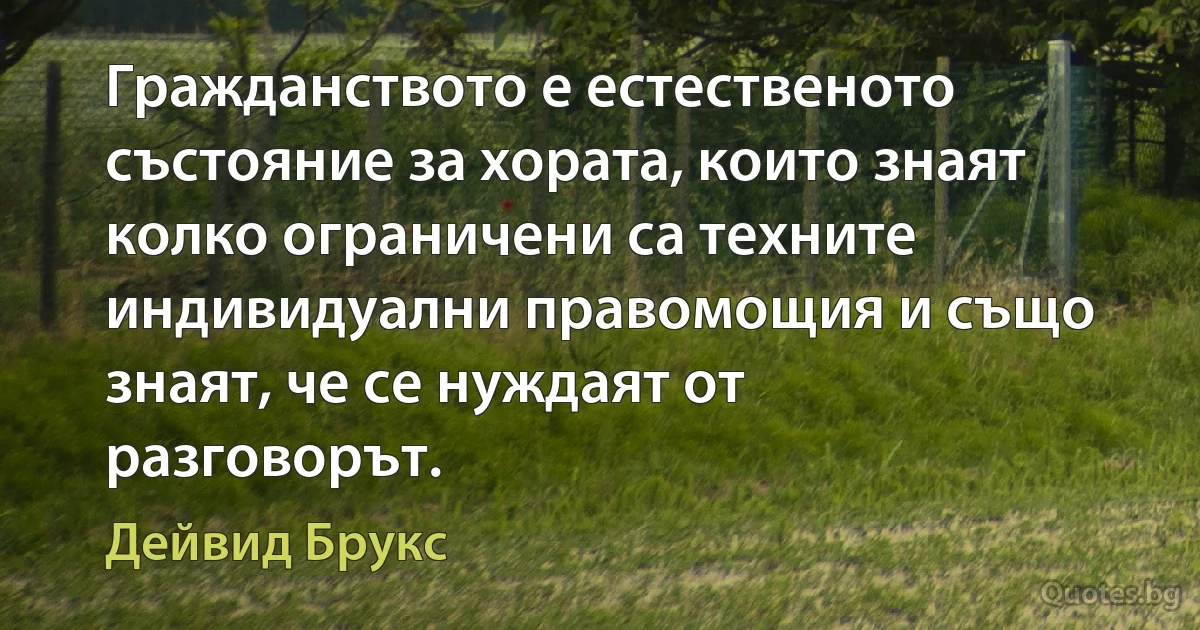 Гражданството е естественото състояние за хората, които знаят колко ограничени са техните индивидуални правомощия и също знаят, че се нуждаят от разговорът. (Дейвид Брукс)