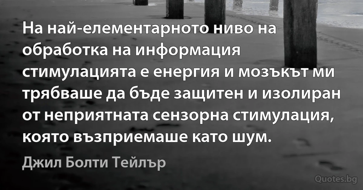 На най-елементарното ниво на обработка на информация стимулацията е енергия и мозъкът ми трябваше да бъде защитен и изолиран от неприятната сензорна стимулация, която възприемаше като шум. (Джил Болти Тейлър)