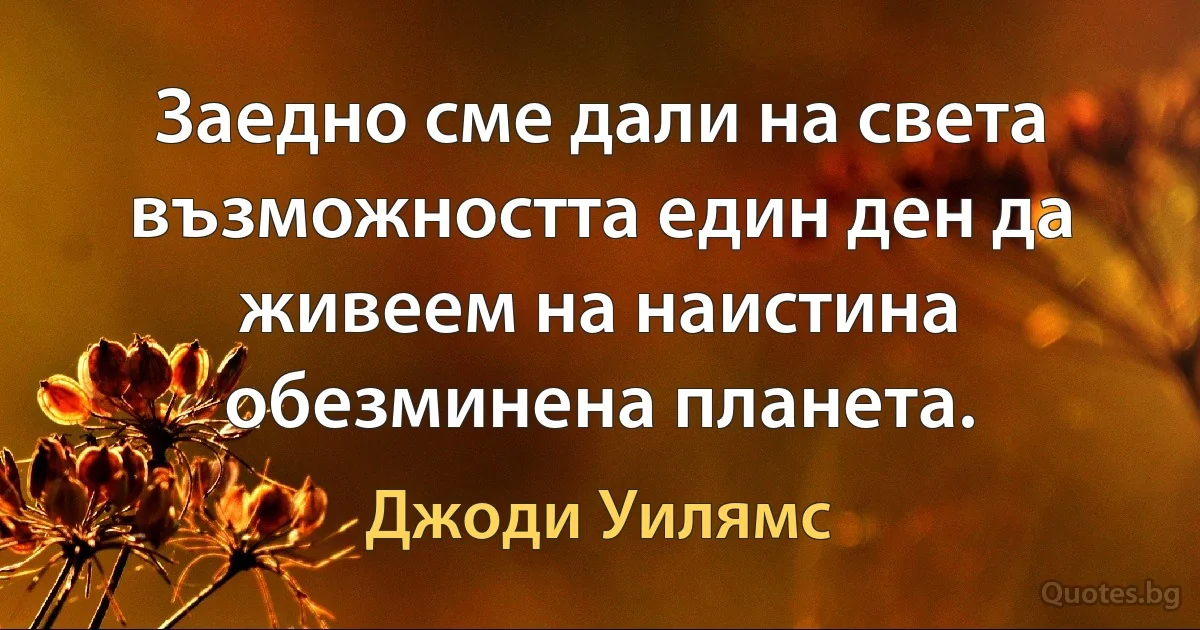 Заедно сме дали на света възможността един ден да живеем на наистина обезминена планета. (Джоди Уилямс)