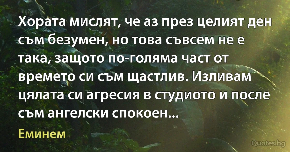 Хората мислят, че аз през целият ден съм безумен, но това съвсем не е така, защото по-голяма част от времето си съм щастлив. Изливам цялата си агресия в студиото и после съм ангелски спокоен... (Еминем)