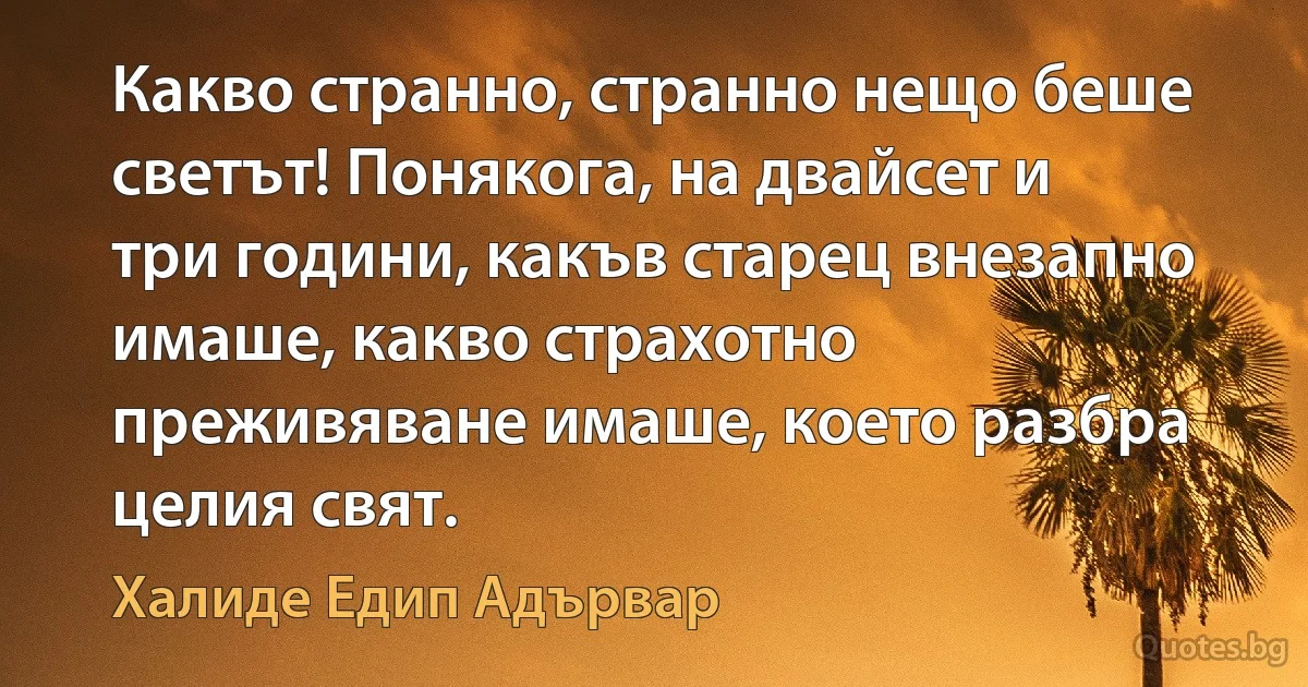 Какво странно, странно нещо беше светът! Понякога, на двайсет и три години, какъв старец внезапно имаше, какво страхотно преживяване имаше, което разбра целия свят. (Халиде Едип Адървар)