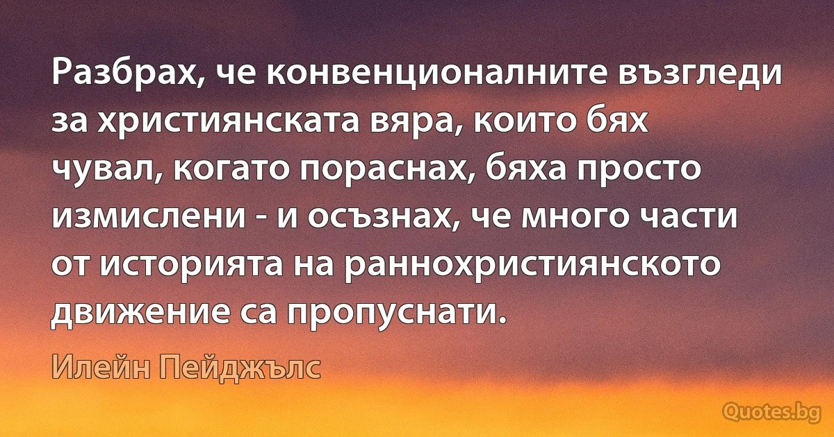 Разбрах, че конвенционалните възгледи за християнската вяра, които бях чувал, когато пораснах, бяха просто измислени - и осъзнах, че много части от историята на раннохристиянското движение са пропуснати. (Илейн Пейджълс)