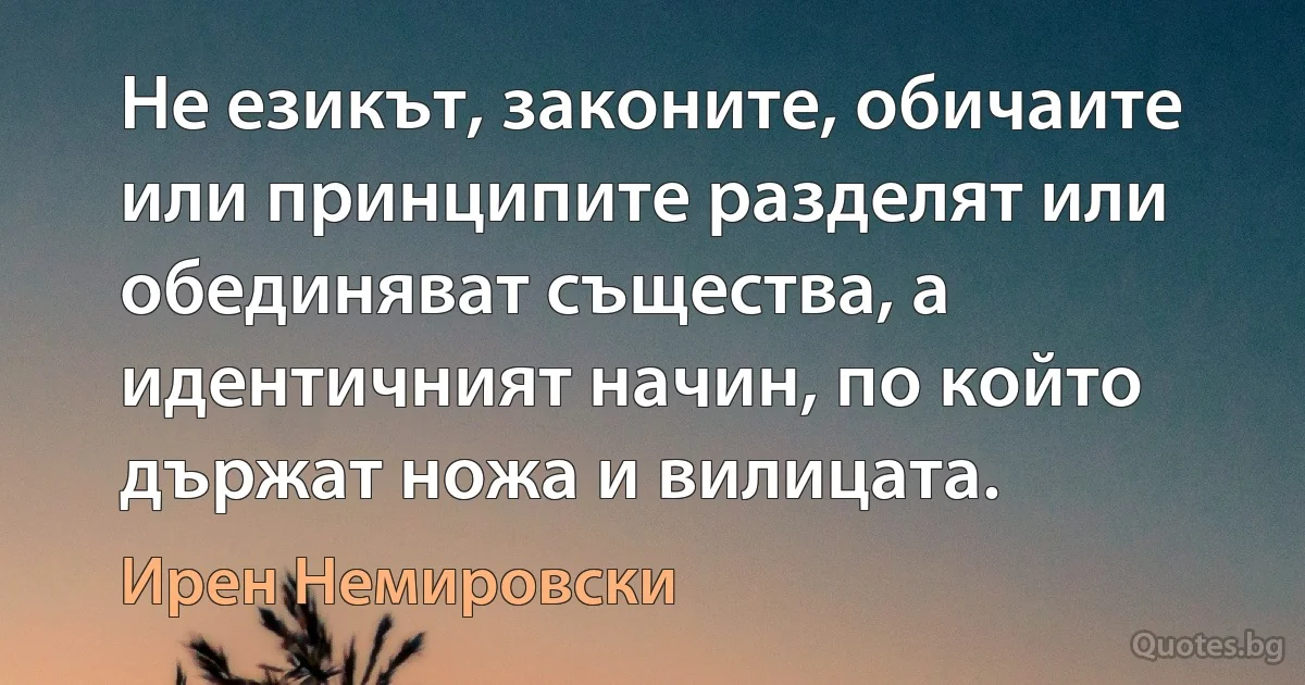 Не езикът, законите, обичаите или принципите разделят или обединяват същества, а идентичният начин, по който държат ножа и вилицата. (Ирен Немировски)