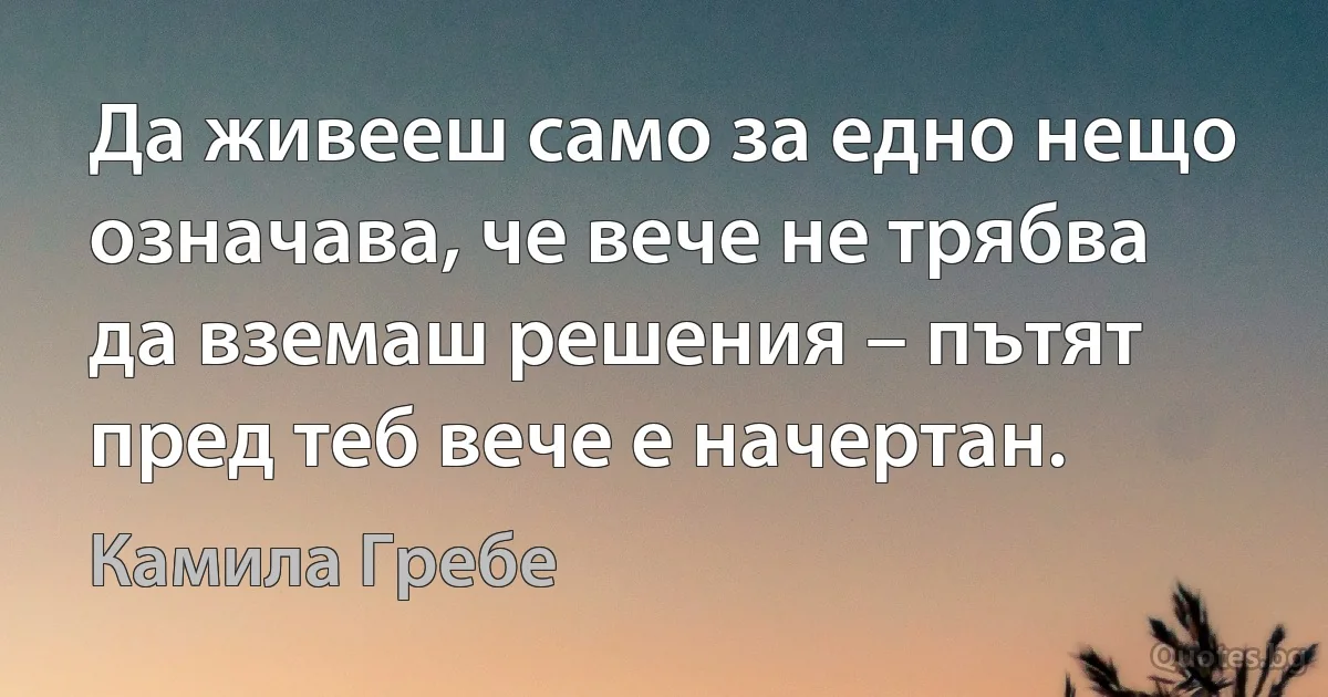 Да живееш само за едно нещо означава, че вече не трябва да вземаш решения – пътят пред теб вече е начертан. (Камила Гребе)