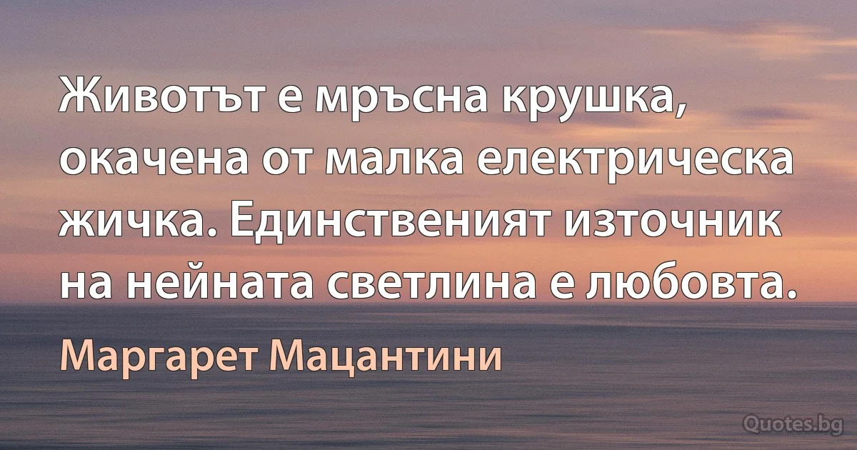 Животът е мръсна крушка, окачена от малка електрическа жичка. Единственият източник на нейната светлина е любовта. (Маргарет Мацантини)