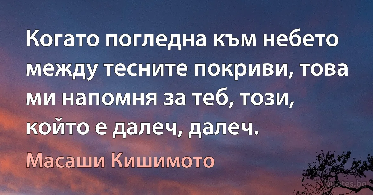 Когато погледна към небето между тесните покриви, това ми напомня за теб, този, който е далеч, далеч. (Масаши Кишимото)