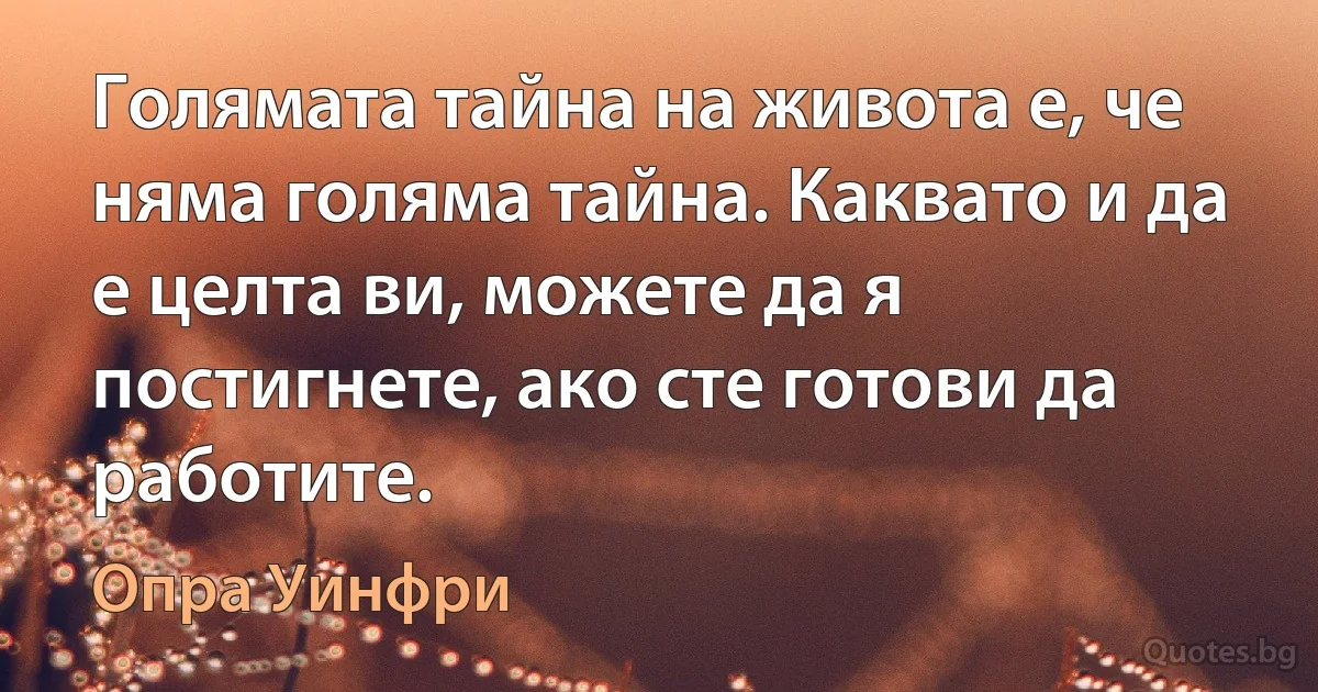 Голямата тайна на живота е, че няма голяма тайна. Каквато и да е целта ви, можете да я постигнете, ако сте готови да работите. (Опра Уинфри)