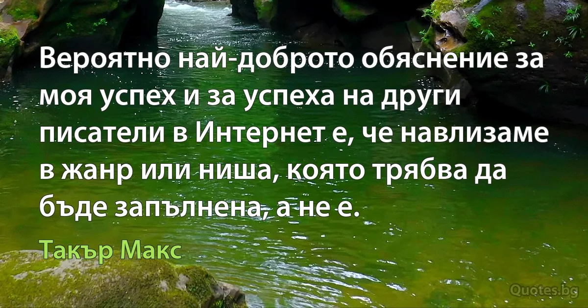 Вероятно най-доброто обяснение за моя успех и за успеха на други писатели в Интернет е, че навлизаме в жанр или ниша, която трябва да бъде запълнена, а не е. (Такър Макс)