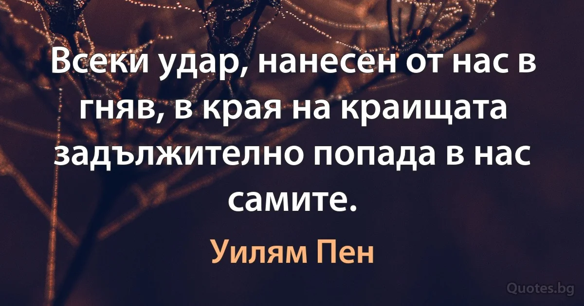 Всеки удар, нанесен от нас в гняв, в края на краищата задължително попада в нас самите. (Уилям Пен)