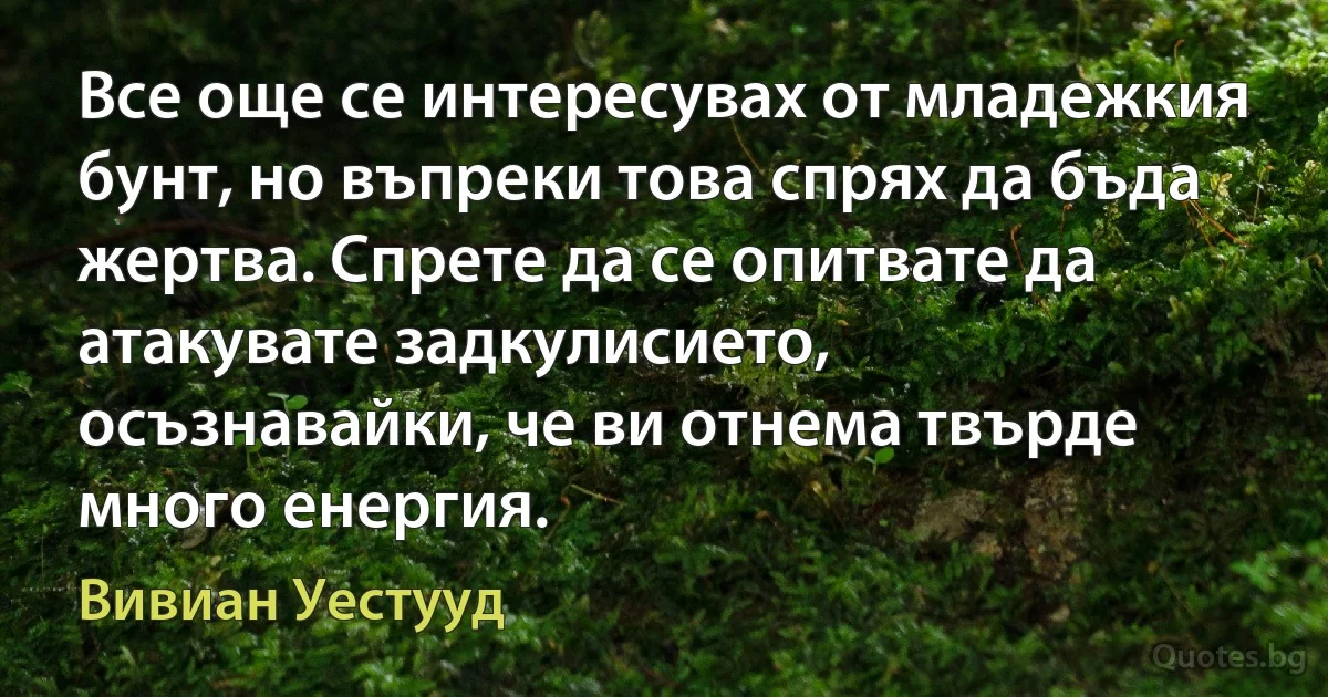 Все още се интересувах от младежкия бунт, но въпреки това спрях да бъда жертва. Спрете да се опитвате да атакувате задкулисието, осъзнавайки, че ви отнема твърде много енергия. (Вивиан Уестууд)