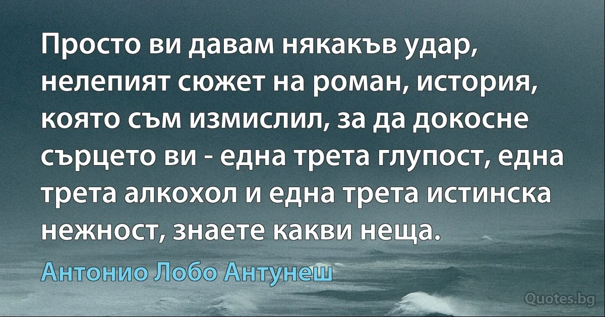 Просто ви давам някакъв удар, нелепият сюжет на роман, история, която съм измислил, за да докосне сърцето ви - една трета глупост, една трета алкохол и една трета истинска нежност, знаете какви неща. (Антонио Лобо Антунеш)