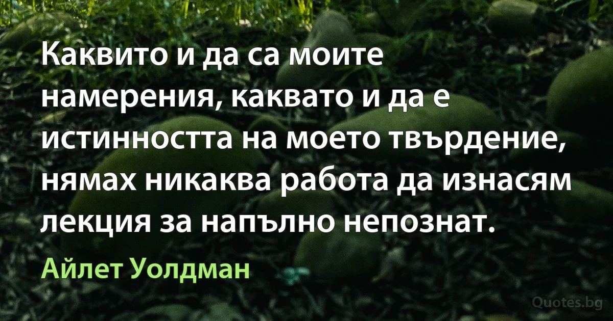 Каквито и да са моите намерения, каквато и да е истинността на моето твърдение, нямах никаква работа да изнасям лекция за напълно непознат. (Айлет Уолдман)