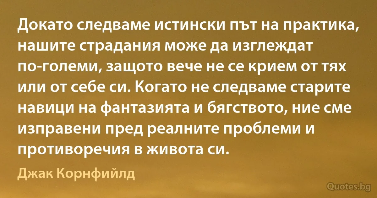 Докато следваме истински път на практика, нашите страдания може да изглеждат по-големи, защото вече не се крием от тях или от себе си. Когато не следваме старите навици на фантазията и бягството, ние сме изправени пред реалните проблеми и противоречия в живота си. (Джак Корнфийлд)