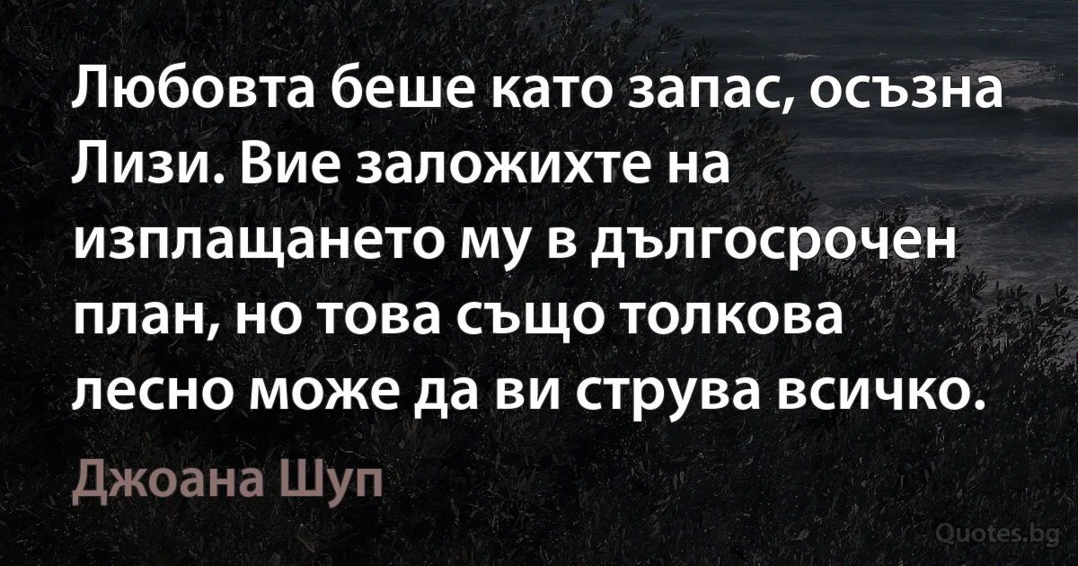 Любовта беше като запас, осъзна Лизи. Вие заложихте на изплащането му в дългосрочен план, но това също толкова лесно може да ви струва всичко. (Джоана Шуп)