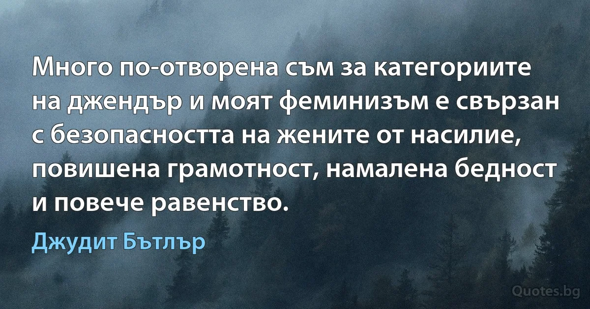 Много по-отворена съм за категориите на джендър и моят феминизъм е свързан с безопасността на жените от насилие, повишена грамотност, намалена бедност и повече равенство. (Джудит Бътлър)