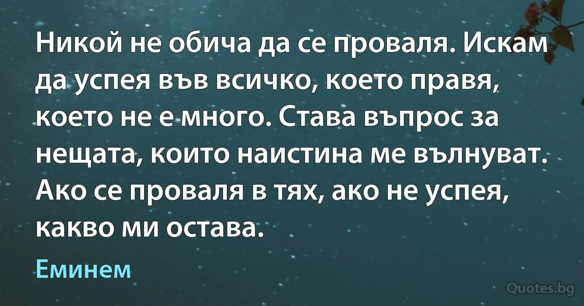 Никой не обича да се проваля. Искам да успея във всичко, което правя, което не е много. Става въпрос за нещата, които наистина ме вълнуват. Ако се проваля в тях, ако не успея, какво ми остава. (Еминем)