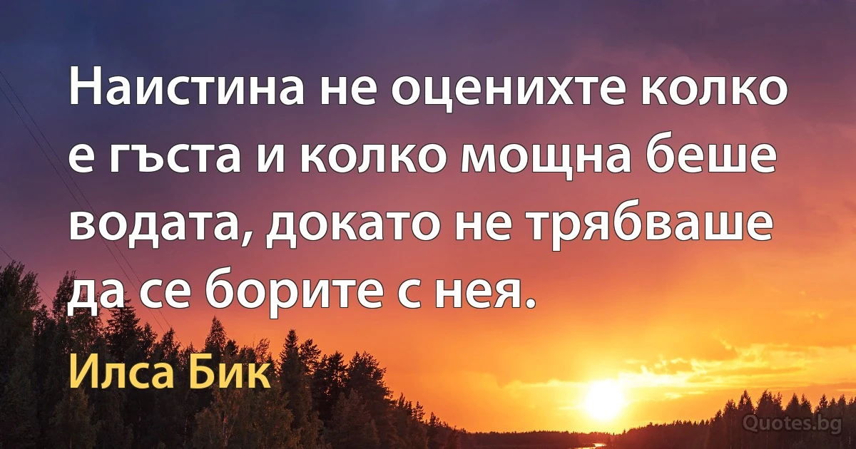 Наистина не оценихте колко е гъста и колко мощна беше водата, докато не трябваше да се борите с нея. (Илса Бик)