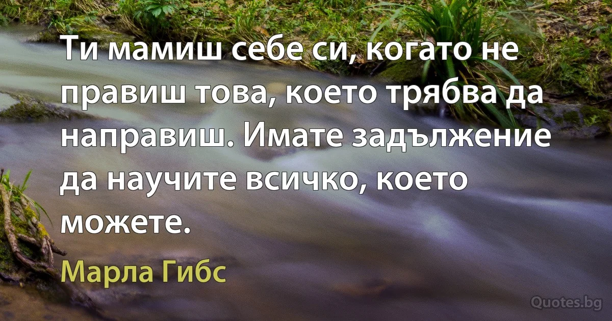 Ти мамиш себе си, когато не правиш това, което трябва да направиш. Имате задължение да научите всичко, което можете. (Марла Гибс)