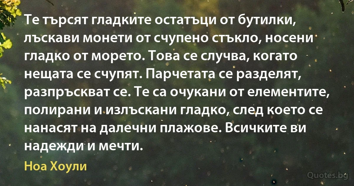 Те търсят гладките остатъци от бутилки, лъскави монети от счупено стъкло, носени гладко от морето. Това се случва, когато нещата се счупят. Парчетата се разделят, разпръскват се. Те са очукани от елементите, полирани и излъскани гладко, след което се нанасят на далечни плажове. Всичките ви надежди и мечти. (Ноа Хоули)