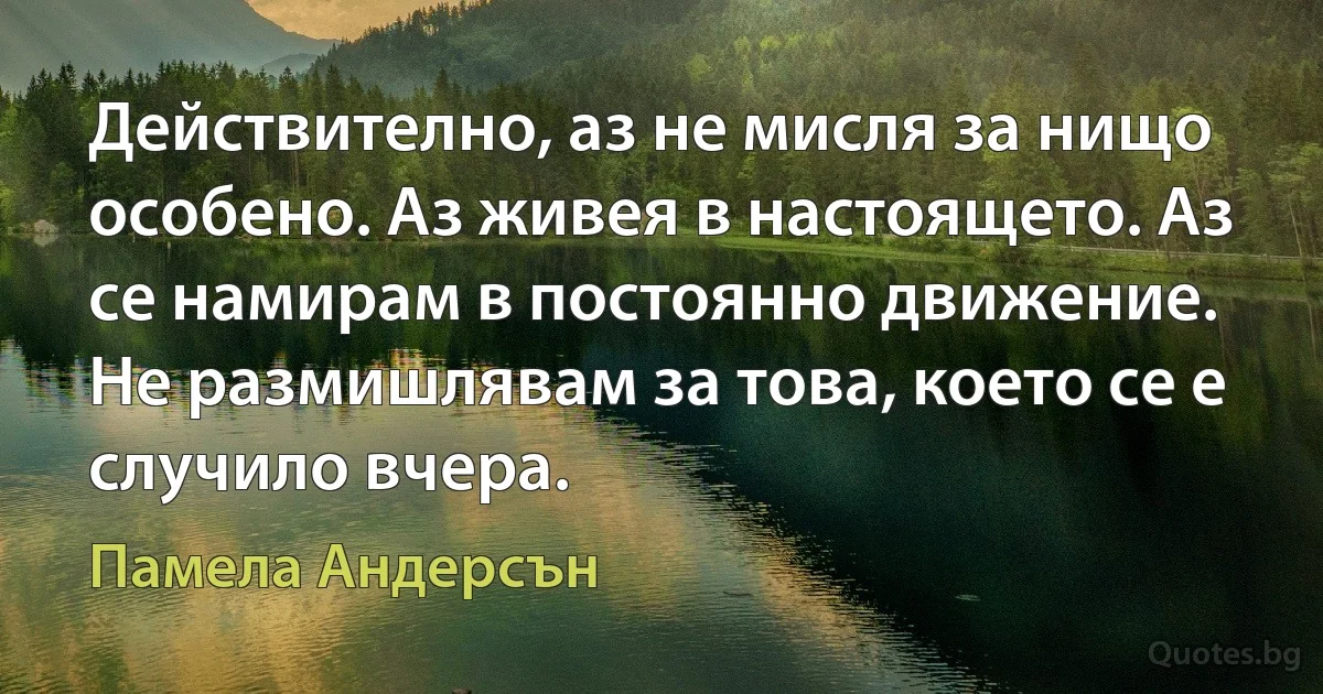 Действително, аз не мисля за нищо особено. Аз живея в настоящето. Аз се намирам в постоянно движение. Не размишлявам за това, което се е случило вчера. (Памела Андерсън)