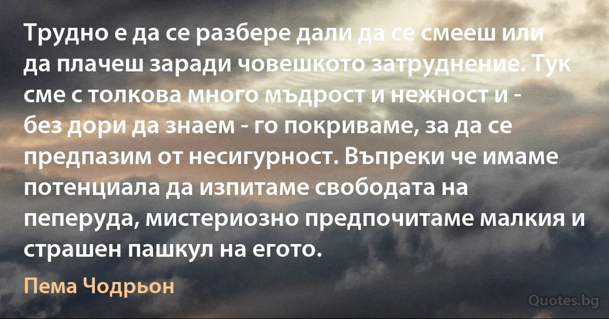 Трудно е да се разбере дали да се смееш или да плачеш заради човешкото затруднение. Тук сме с толкова много мъдрост и нежност и - без дори да знаем - го покриваме, за да се предпазим от несигурност. Въпреки че имаме потенциала да изпитаме свободата на пеперуда, мистериозно предпочитаме малкия и страшен пашкул на егото. (Пема Чодрьон)