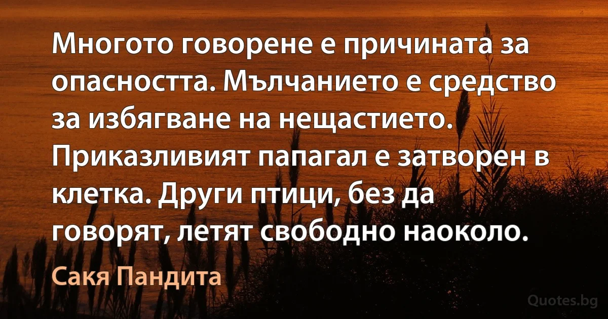 Многото говорене е причината за опасността. Мълчанието е средство за избягване на нещастието. Приказливият папагал е затворен в клетка. Други птици, без да говорят, летят свободно наоколо. (Сакя Пандита)