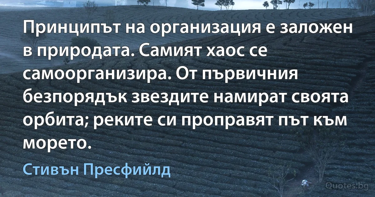 Принципът на организация е заложен в природата. Самият хаос се самоорганизира. От първичния безпорядък звездите намират своята орбита; реките си проправят път към морето. (Стивън Пресфийлд)