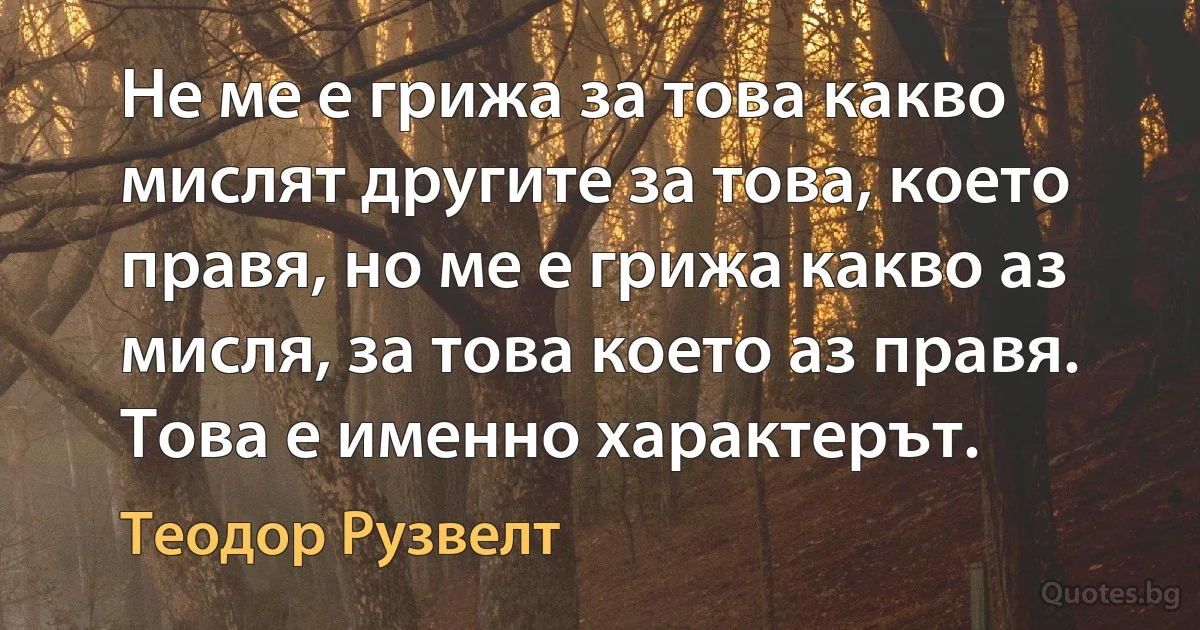 Не ме е грижа за това какво мислят другите за това, което правя, но ме е грижа какво аз мисля, за това което аз правя. Това е именно характерът. (Теодор Рузвелт)