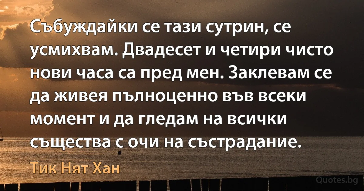 Събуждайки се тази сутрин, се усмихвам. Двадесет и четири чисто нови часа са пред мен. Заклевам се да живея пълноценно във всеки момент и да гледам на всички същества с очи на състрадание. (Тик Нят Хан)