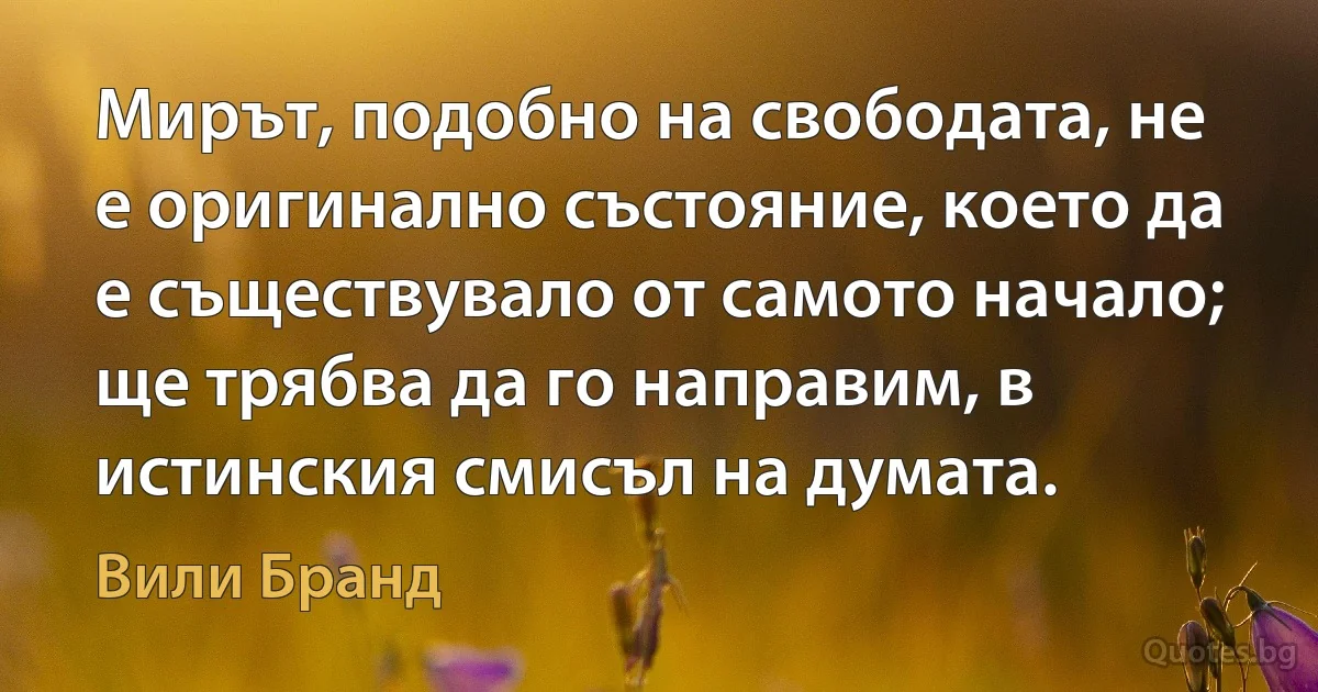 Мирът, подобно на свободата, не е оригинално състояние, което да е съществувало от самото начало; ще трябва да го направим, в истинския смисъл на думата. (Вили Бранд)