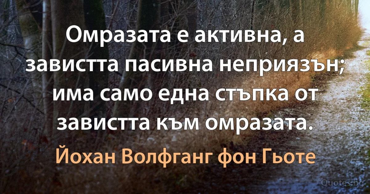 Омразата е активна, а завистта пасивна неприязън; има само една стъпка от завистта към омразата. (Йохан Волфганг фон Гьоте)