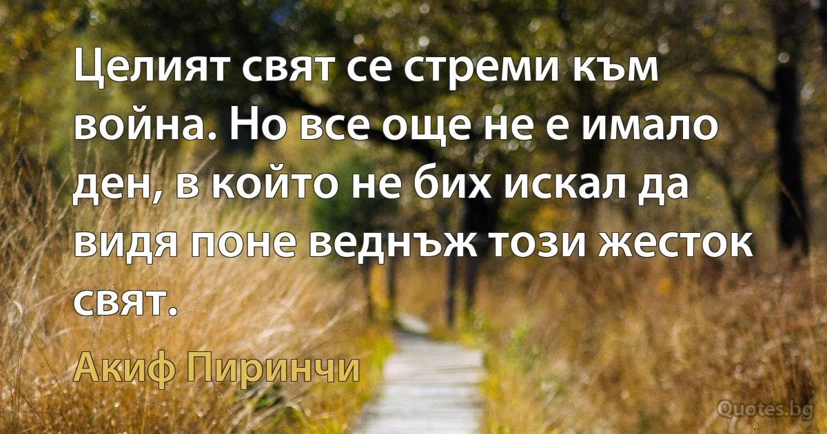 Целият свят се стреми към война. Но все още не е имало ден, в който не бих искал да видя поне веднъж този жесток свят. (Акиф Пиринчи)