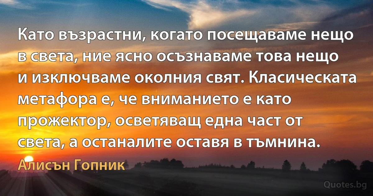 Като възрастни, когато посещаваме нещо в света, ние ясно осъзнаваме това нещо и изключваме околния свят. Класическата метафора е, че вниманието е като прожектор, осветяващ една част от света, а останалите оставя в тъмнина. (Алисън Гопник)