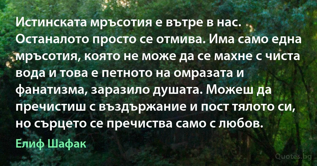 Истинската мръсотия е вътре в нас. Останалото просто се отмива. Има само една мръсотия, която не може да се махне с чиста вода и това е петното на омразата и фанатизма, заразило душата. Можеш да пречистиш с въздържание и пост тялото си, но сърцето се пречиства само с любов. (Елиф Шафак)