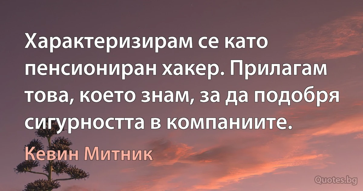 Характеризирам се като пенсиониран хакер. Прилагам това, което знам, за да подобря сигурността в компаниите. (Кевин Митник)