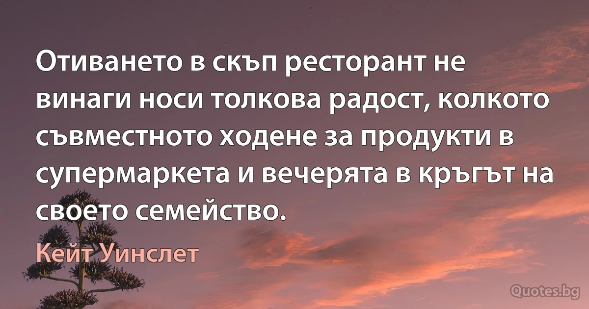 Отиването в скъп ресторант не винаги носи толкова радост, колкото съвместното ходене за продукти в супермаркета и вечерята в кръгът на своето семейство. (Кейт Уинслет)