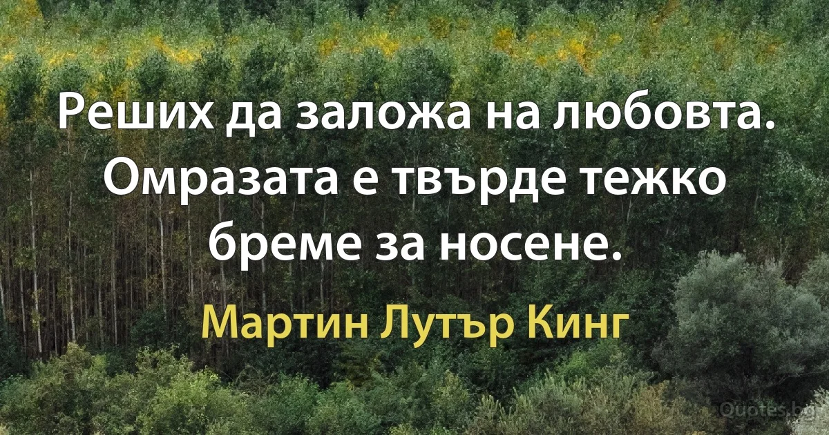 Реших да заложа на любовта. Омразата е твърде тежко бреме за носене. (Мартин Лутър Кинг)