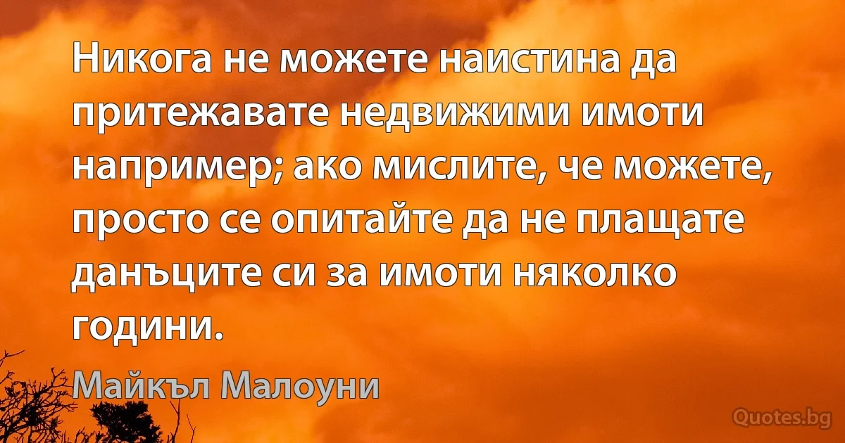 Никога не можете наистина да притежавате недвижими имоти например; ако мислите, че можете, просто се опитайте да не плащате данъците си за имоти няколко години. (Майкъл Малоуни)