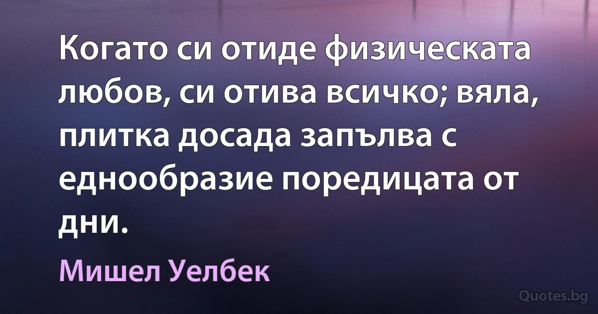 Когато си отиде физическата любов, си отива всичко; вяла, плитка досада запълва с еднообразие поредицата от дни. (Мишел Уелбек)