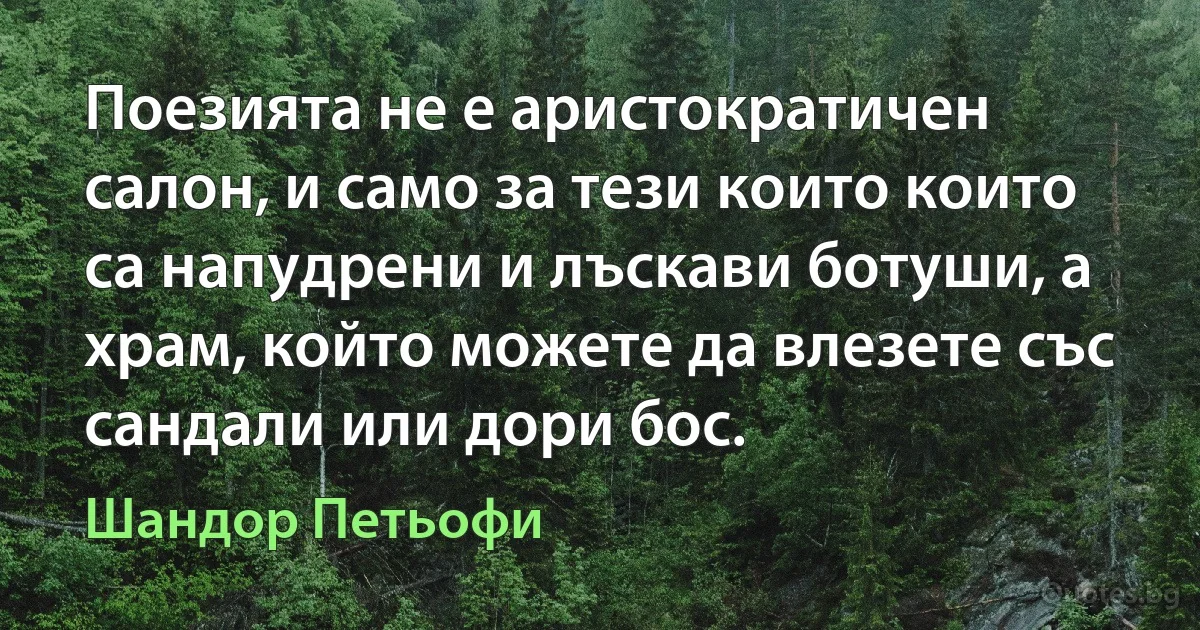 Поезията не е аристократичен салон, и само за тези които които са напудрени и лъскави ботуши, а храм, който можете да влезете със сандали или дори бос. (Шандор Петьофи)